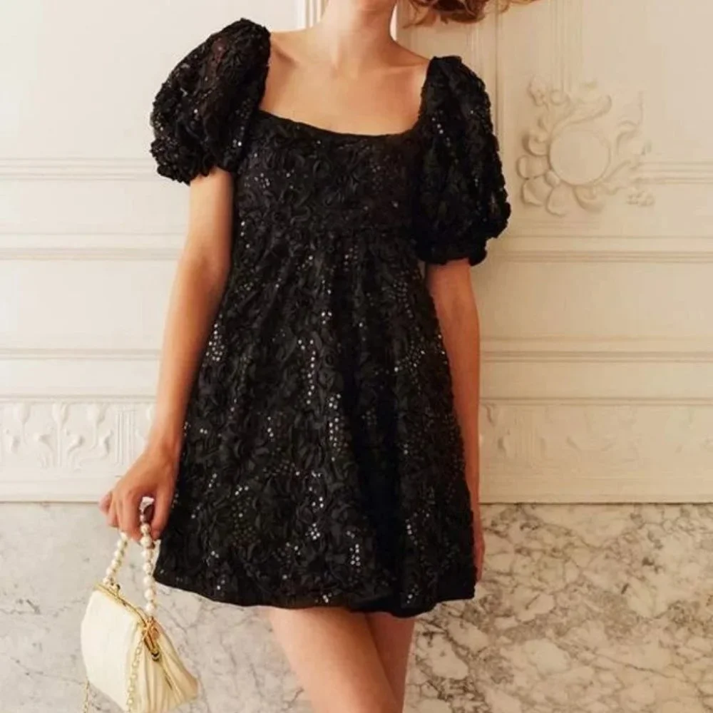 Short Puff Sleeve Square NeckLine A-line Mini Dress Black - Picture 7 of 7